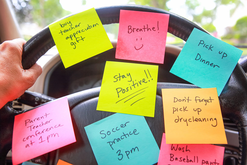 steering wheel with sticky notes all over it representing the busy life of mothers | therapy for mothers | counseling for women in Baltimore, MD | Counseling for women & help for stressed moms | Baltimore, MD 21210 " width="300" height="200