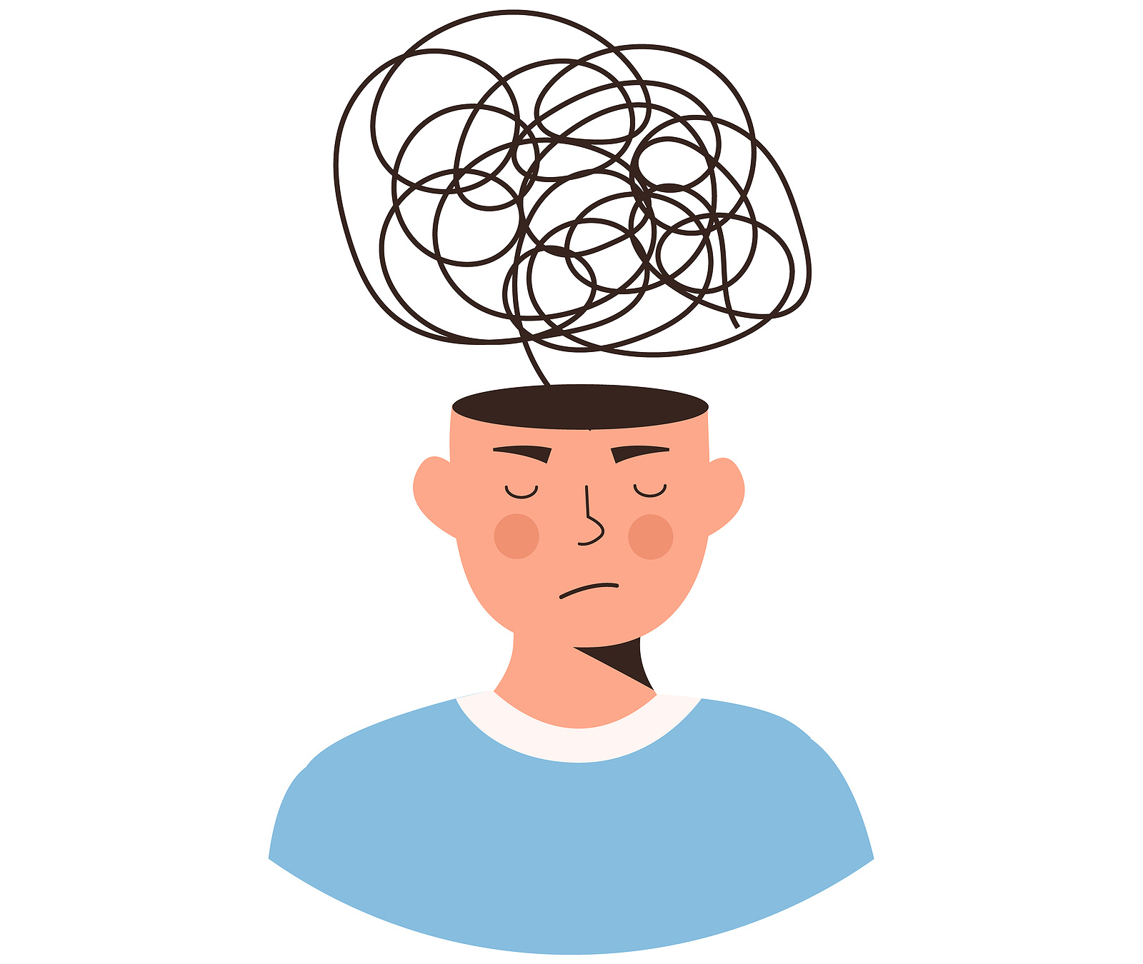  digital image of an illustration of a person wearing a blue shirt with a squiggly line coming out of their head. This image illustrates what thinking may be like for someone needing PTSD treatment near Baltimore, MD. Those struggling with PTSD and trauma symptoms can get help from trauma therapy in Baltimore, MD. 21209 | 21204