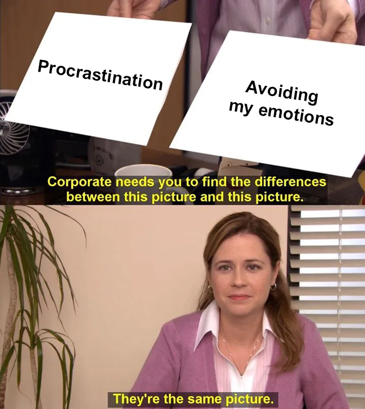 They're the same picture, The Office meme, represents how procrastination and avoiding your emotions are the same in the ADHD avoidance cycle.